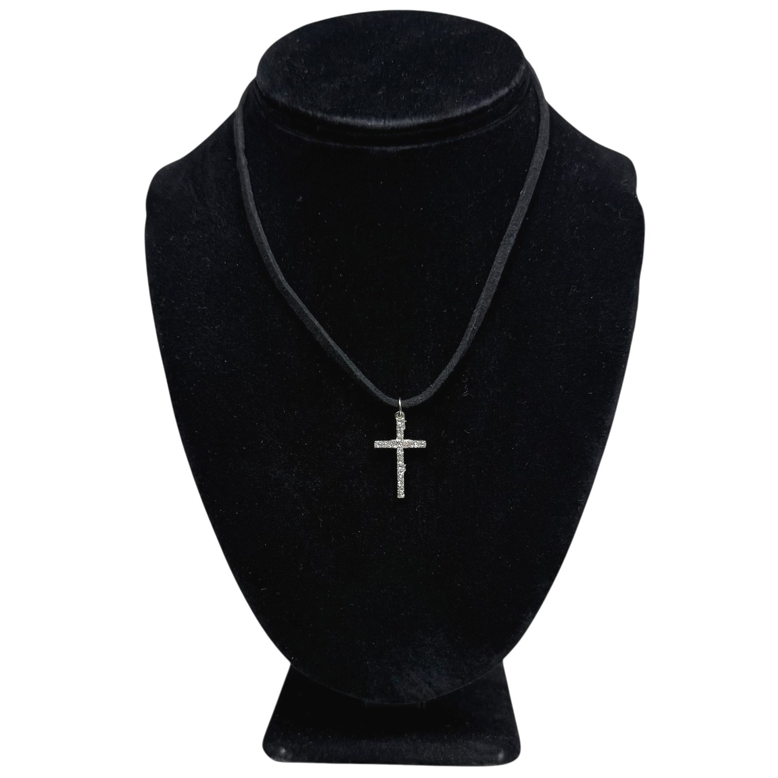 Rhinestone Silver Tone Cross Pendant Necklace Black Choker Jewelry 8.5 In L